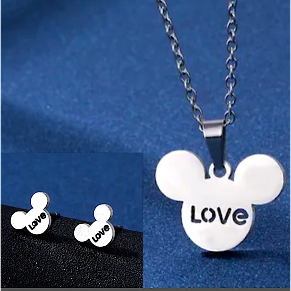 Mickey Mouse Stainless Steel Necklace Earrings Matching Set